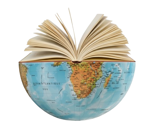An open book resting on top of a globe of the Earth